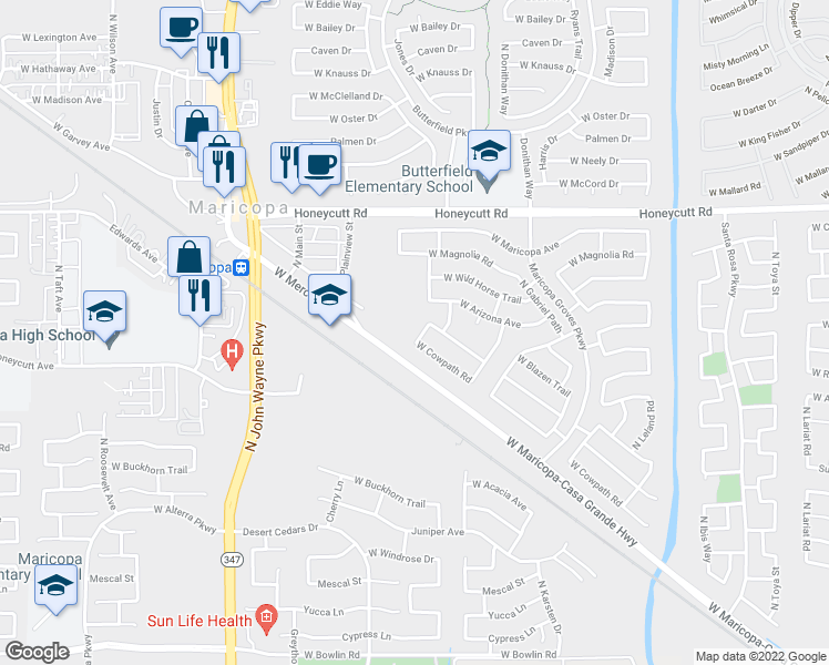 map of restaurants, bars, coffee shops, grocery stores, and more near 19226 North Braden Road in Maricopa
