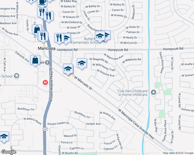 map of restaurants, bars, coffee shops, grocery stores, and more near 43888 West Elizabeth Avenue in Maricopa