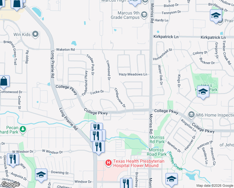 map of restaurants, bars, coffee shops, grocery stores, and more near 5015 Timberview Drive in Flower Mound