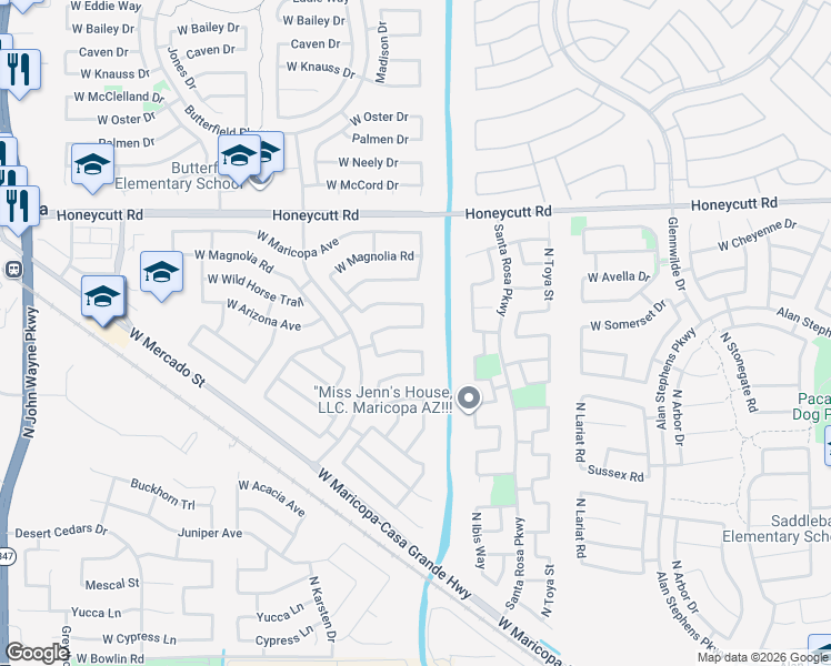 map of restaurants, bars, coffee shops, grocery stores, and more near 43215 Kristal Lane in Maricopa