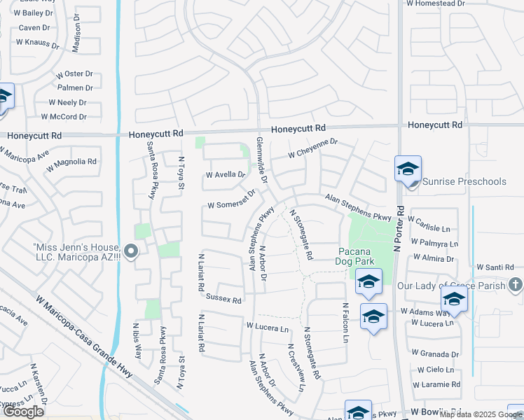 map of restaurants, bars, coffee shops, grocery stores, and more near 19148 North Arbor Drive in Maricopa