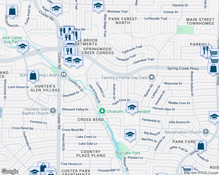 map of restaurants, bars, coffee shops, grocery stores, and more near 5020 Norfolk Drive in Plano