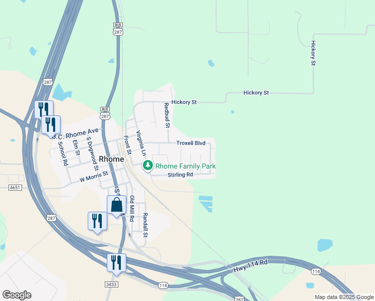 map of restaurants, bars, coffee shops, grocery stores, and more near 104 Kensington Court in Rhome