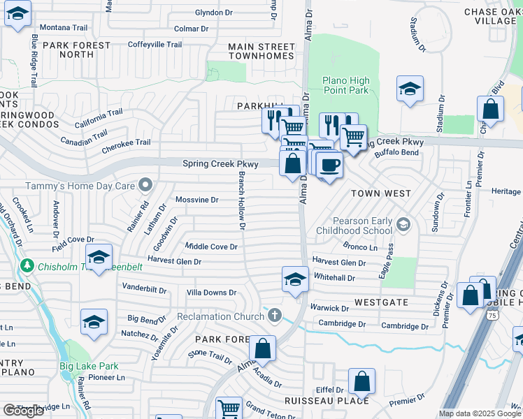 map of restaurants, bars, coffee shops, grocery stores, and more near 941 Goodwin Drive in Plano