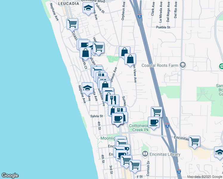 map of restaurants, bars, coffee shops, grocery stores, and more near 263 N Vulcan Ave in Encinitas