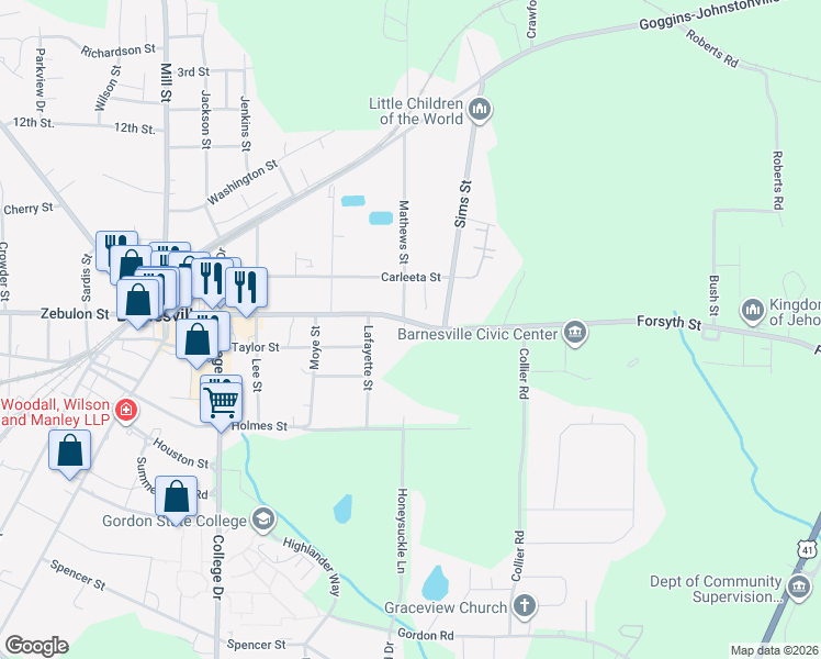 map of restaurants, bars, coffee shops, grocery stores, and more near 517 Forsyth Street in Barnesville