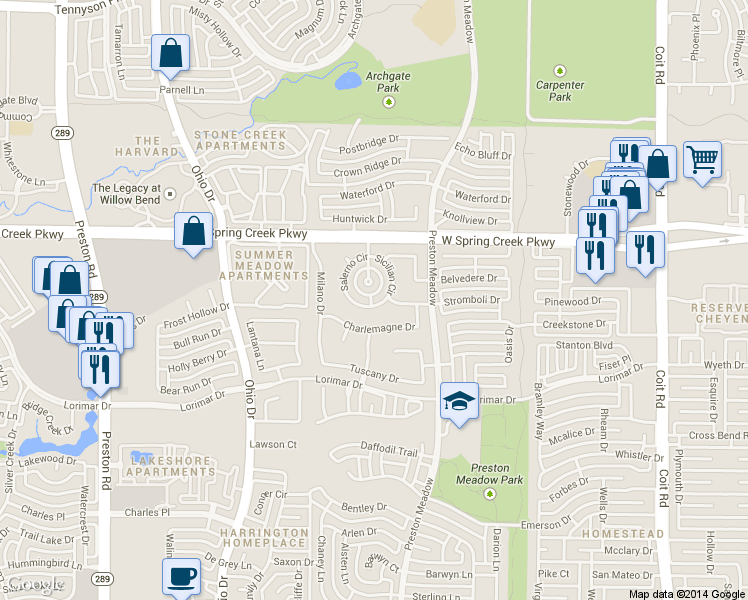 map of restaurants, bars, coffee shops, grocery stores, and more near 4509 Salerno Circle in Plano