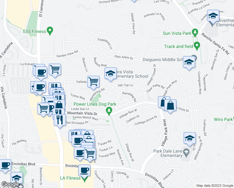 map of restaurants, bars, coffee shops, grocery stores, and more near 1646 Pleasant Place in Encinitas