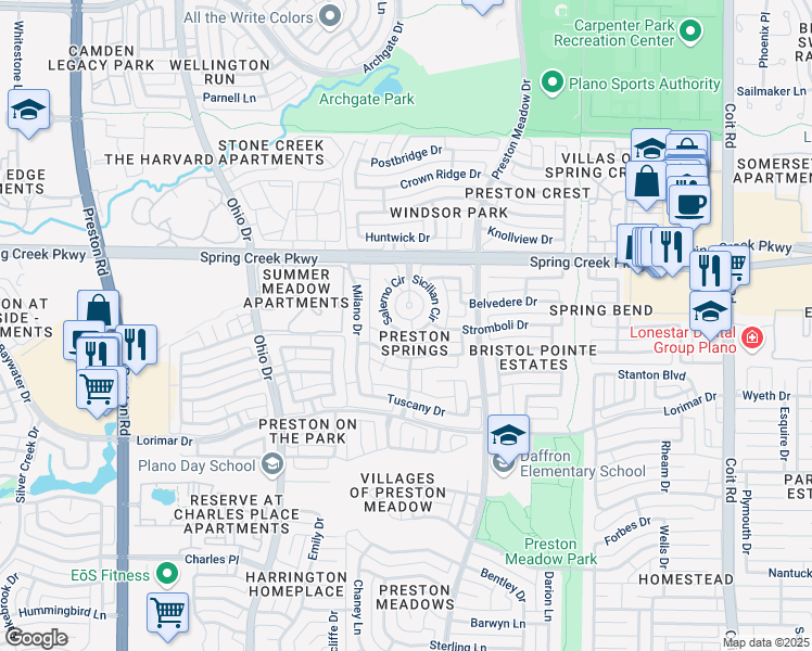 map of restaurants, bars, coffee shops, grocery stores, and more near 4509 Salerno Circle in Plano