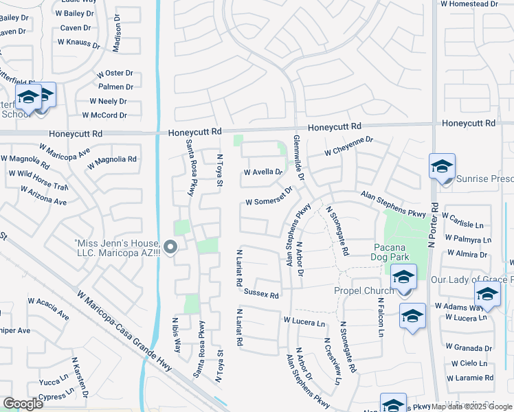 map of restaurants, bars, coffee shops, grocery stores, and more near 42521 West Somerset Drive in Maricopa