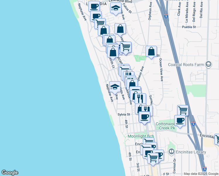 map of restaurants, bars, coffee shops, grocery stores, and more near 283 Neptune Avenue in Encinitas