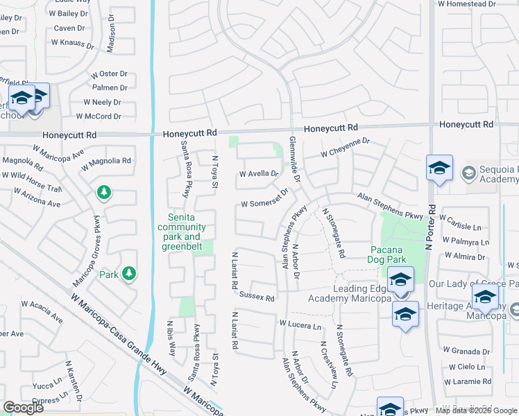 map of restaurants, bars, coffee shops, grocery stores, and more near 42479 West Somerset Drive in Maricopa