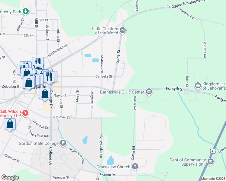 map of restaurants, bars, coffee shops, grocery stores, and more near 524 Forsyth Street in Barnesville
