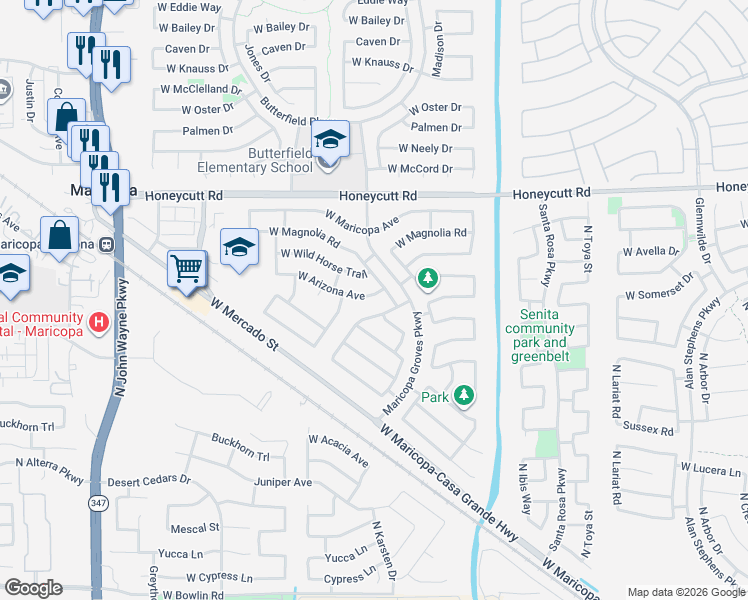 map of restaurants, bars, coffee shops, grocery stores, and more near 43613 West Arizona Avenue in Maricopa