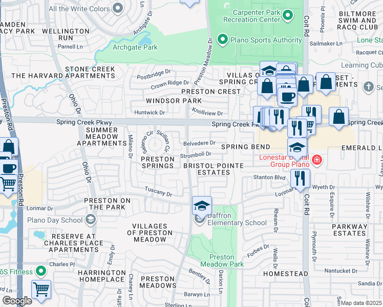 map of restaurants, bars, coffee shops, grocery stores, and more near 4429 Stromboli Drive in Plano