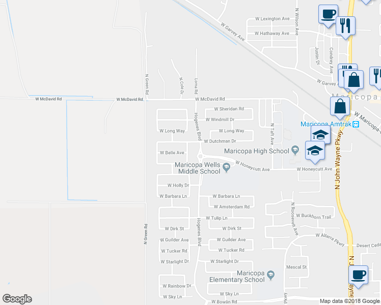 map of restaurants, bars, coffee shops, grocery stores, and more near 19181 North Miller Way in Maricopa