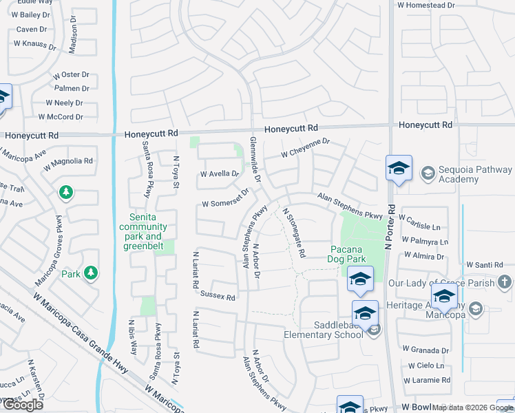 map of restaurants, bars, coffee shops, grocery stores, and more near 19148 North Arbor Drive in Maricopa