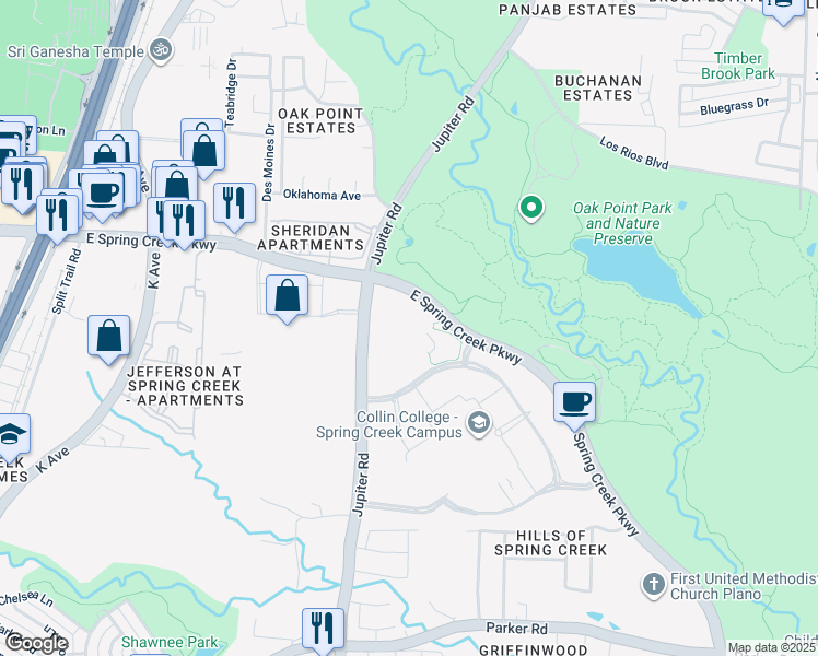 map of restaurants, bars, coffee shops, grocery stores, and more near 6000 Jupiter Road in Plano