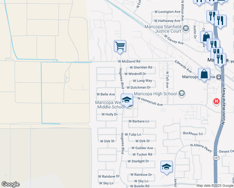 map of restaurants, bars, coffee shops, grocery stores, and more near 19181 Miller Way in Maricopa
