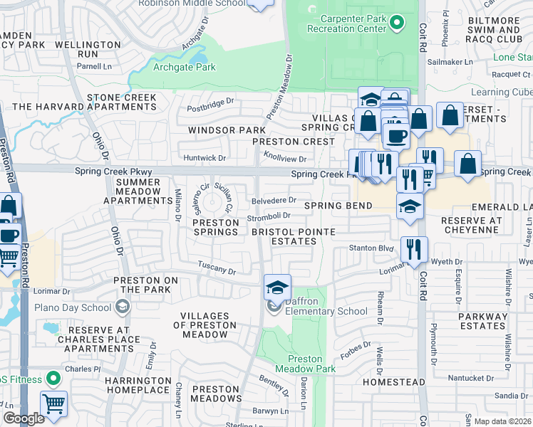 map of restaurants, bars, coffee shops, grocery stores, and more near 4429 Stromboli Drive in Plano
