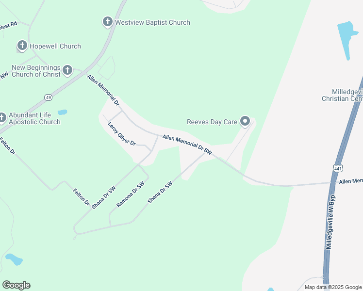 map of restaurants, bars, coffee shops, grocery stores, and more near 165 Allen Memorial Drive Southwest in Milledgeville