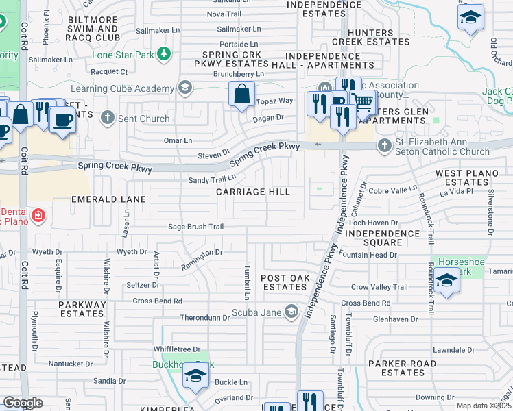 map of restaurants, bars, coffee shops, grocery stores, and more near 3309 Phaeton Court in Plano