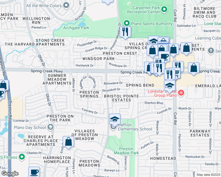 map of restaurants, bars, coffee shops, grocery stores, and more near 4429 Stromboli Drive in Plano