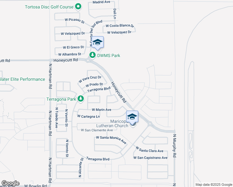 map of restaurants, bars, coffee shops, grocery stores, and more near 19217 West Merced Street in Maricopa
