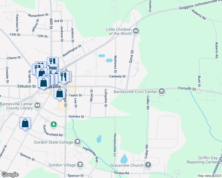 map of restaurants, bars, coffee shops, grocery stores, and more near 435 Forsyth Street in Barnesville