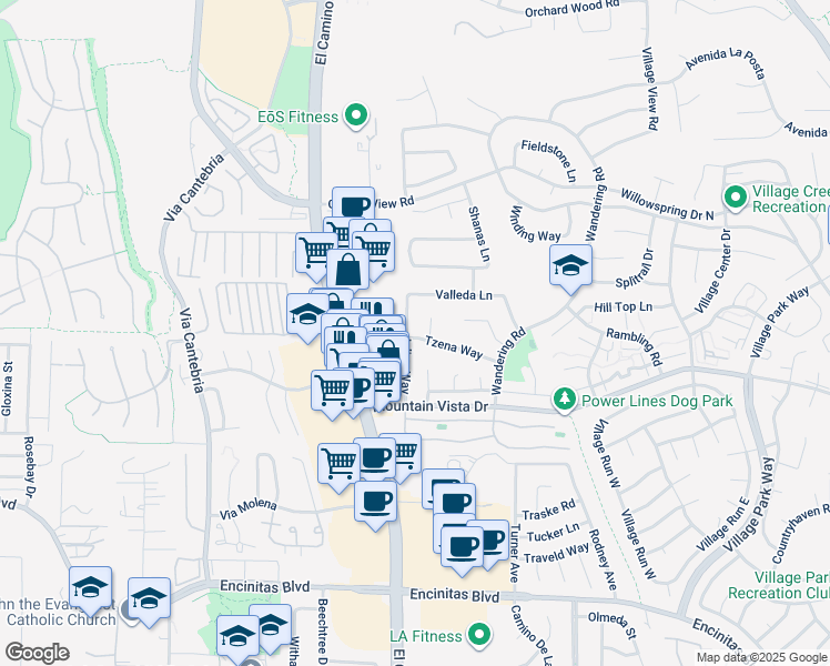 map of restaurants, bars, coffee shops, grocery stores, and more near 447 Jolina Way in Encinitas