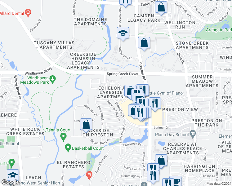 map of restaurants, bars, coffee shops, grocery stores, and more near 5900 Baywater Drive in Plano