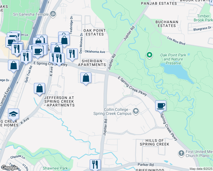 map of restaurants, bars, coffee shops, grocery stores, and more near 6000 Jupiter Road in Plano