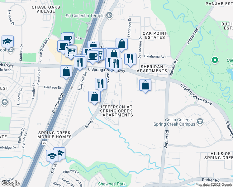 map of restaurants, bars, coffee shops, grocery stores, and more near 1800 East Spring Creek Parkway in Plano