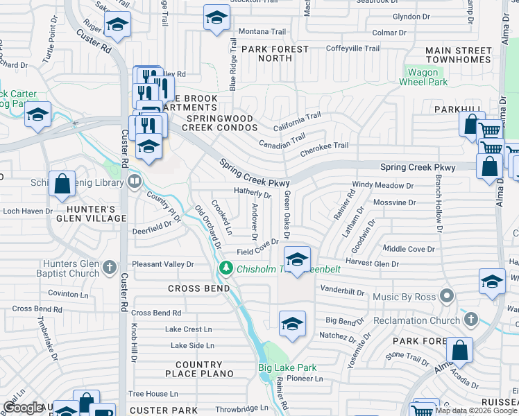 map of restaurants, bars, coffee shops, grocery stores, and more near 5009 Hatherly Drive in Plano