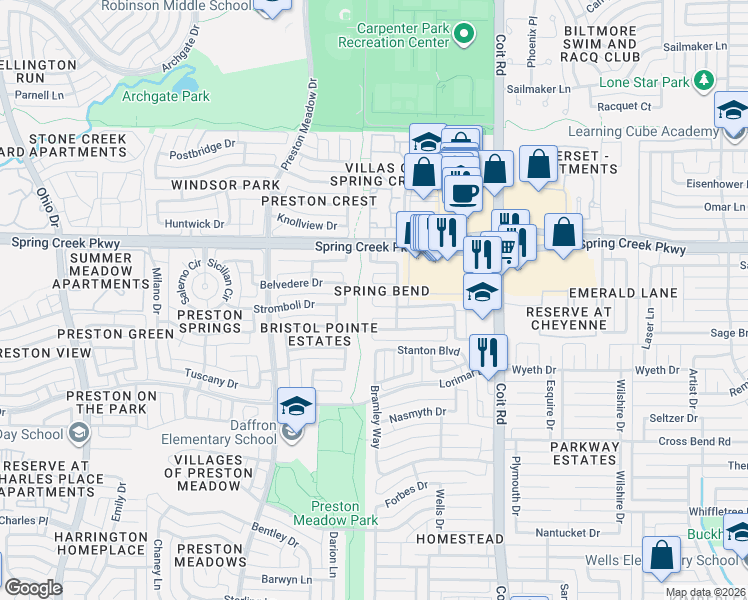 map of restaurants, bars, coffee shops, grocery stores, and more near 4240 Pinewood Drive in Plano