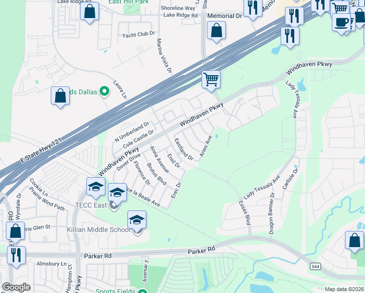 map of restaurants, bars, coffee shops, grocery stores, and more near 405 Eastland Drive in Lewisville