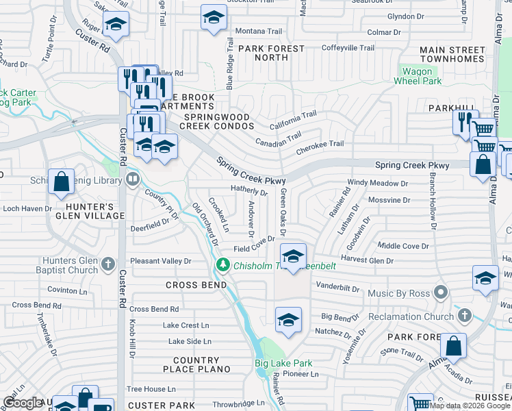 map of restaurants, bars, coffee shops, grocery stores, and more near 5009 Hatherly Drive in Plano