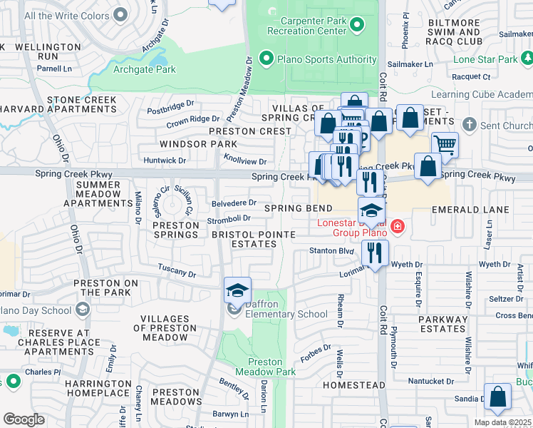 map of restaurants, bars, coffee shops, grocery stores, and more near 5800 Valentino Lane in Plano