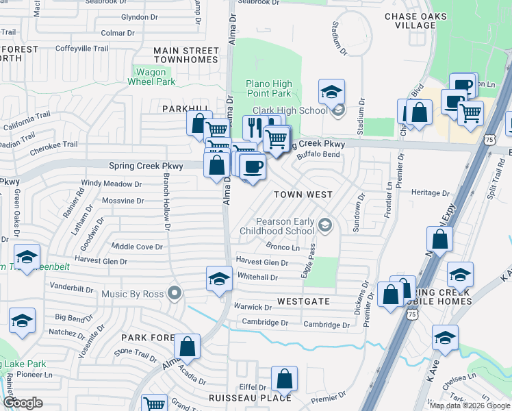 map of restaurants, bars, coffee shops, grocery stores, and more near 4020 Mountain Pass Drive in Plano