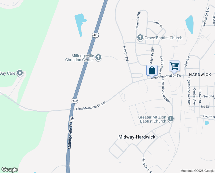 map of restaurants, bars, coffee shops, grocery stores, and more near 296 Allen Memorial Drive Southwest in Milledgeville