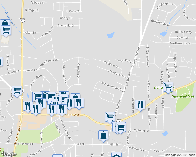 map of restaurants, bars, coffee shops, grocery stores, and more near 136 Bonaventure Drive in LaGrange