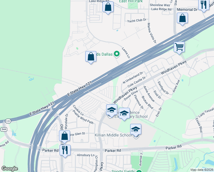 map of restaurants, bars, coffee shops, grocery stores, and more near 293 Ferndale Street in Lewisville