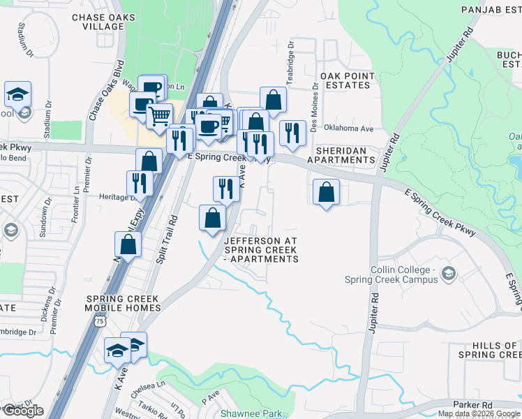map of restaurants, bars, coffee shops, grocery stores, and more near 1800 East Spring Creek Parkway in Plano