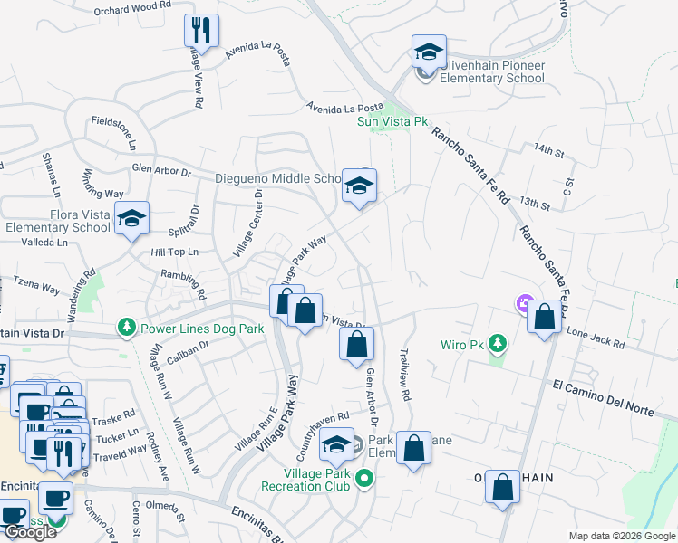 map of restaurants, bars, coffee shops, grocery stores, and more near 2020 Coolngreen Lane in Encinitas