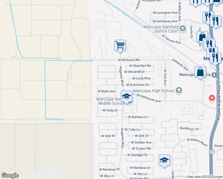 map of restaurants, bars, coffee shops, grocery stores, and more near 46024 Belle Avenue in Maricopa