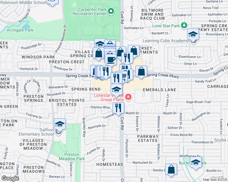 map of restaurants, bars, coffee shops, grocery stores, and more near 5805 Coit Road in Plano