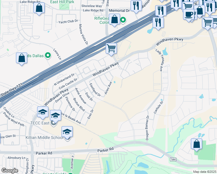 map of restaurants, bars, coffee shops, grocery stores, and more near Aries Avenue in The Colony