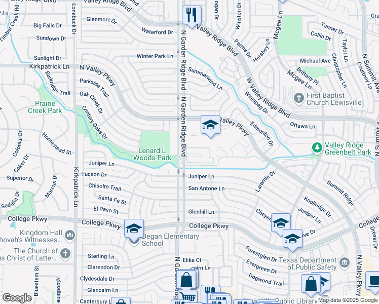 map of restaurants, bars, coffee shops, grocery stores, and more near 967 North Garden Ridge Boulevard in Lewisville