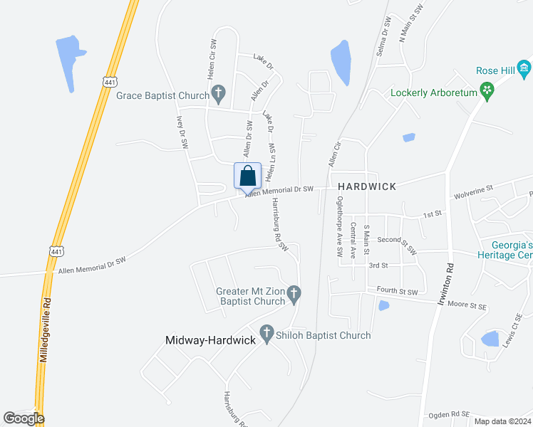 map of restaurants, bars, coffee shops, grocery stores, and more near 105 Harrisburg Road Southwest in Milledgeville