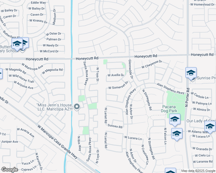 map of restaurants, bars, coffee shops, grocery stores, and more near 19192 North Lariat Road in Maricopa